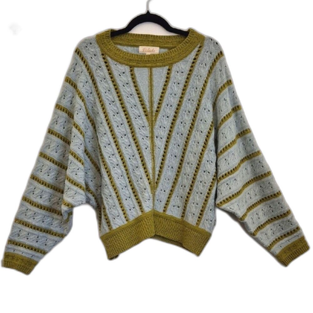 Listicle Striped Knit Sweater M Blue & Green Chunky Lightweight Boho Pullover